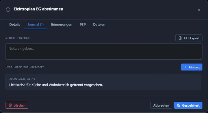 Screenshot: Aufgabenjournal